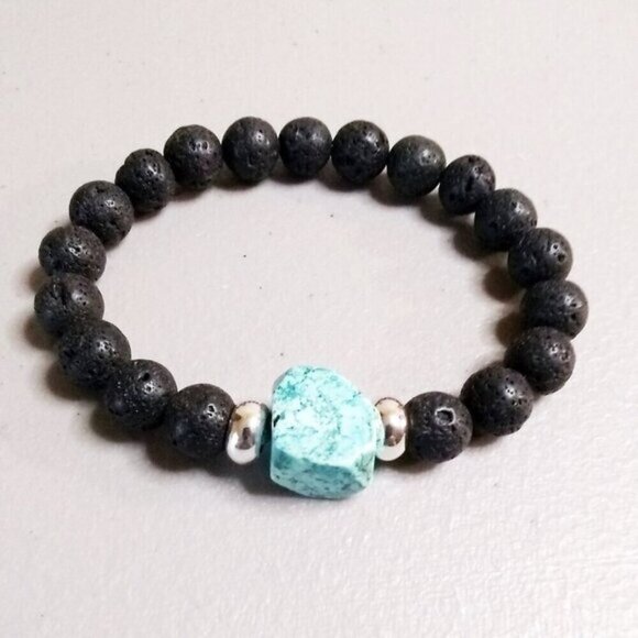 Turquoise Howlite & Black Lava Rock Bracelet! Thick, Solid & Chunky Stone Beads - Picture 4 of 10